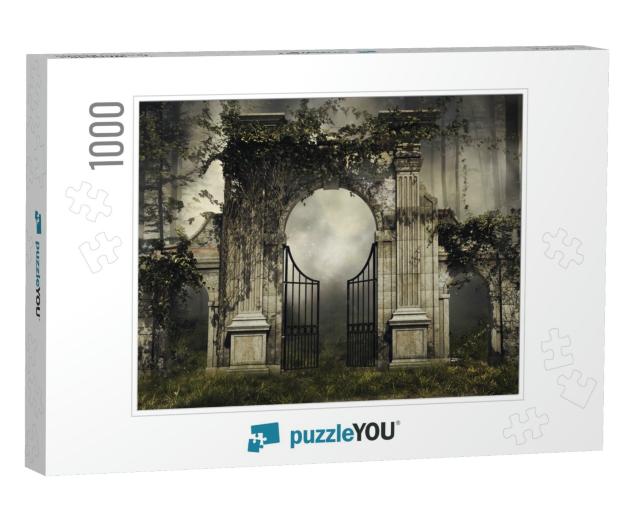 Dark Scenery with a Gothic Garden Gate & Vines in a Fores... Jigsaw Puzzle with 1000 pieces