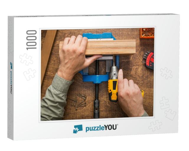 Hands Screwing Wooden Boards. Woodwork, Diy, Make or Repa... Jigsaw Puzzle with 1000 pieces