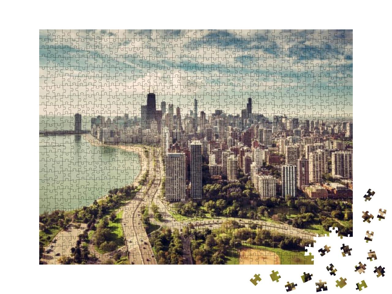 Chicago Skyline Aerial View with Road by the Beach, Vinta... Jigsaw Puzzle with 1000 pieces