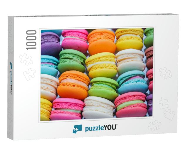 Close Up Macaron Dessert Pastel Tones Isolated on White B... Jigsaw Puzzle with 1000 pieces