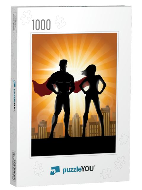 Superhero Couple Silhouette with City Skyline Background... Jigsaw Puzzle with 1000 pieces