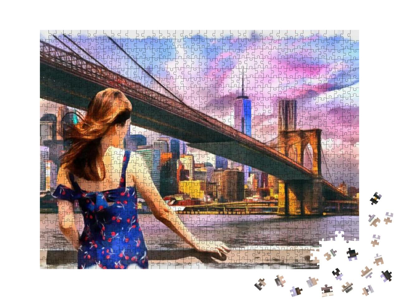 Painting of Beautiful Girl Standing Looking Into Brooklyn... Jigsaw Puzzle with 1000 pieces