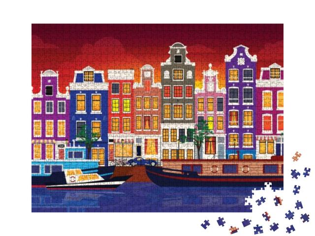 Flat Cartoon Multicolor Colorful Historic Buildings City... Jigsaw Puzzle with 1000 pieces
