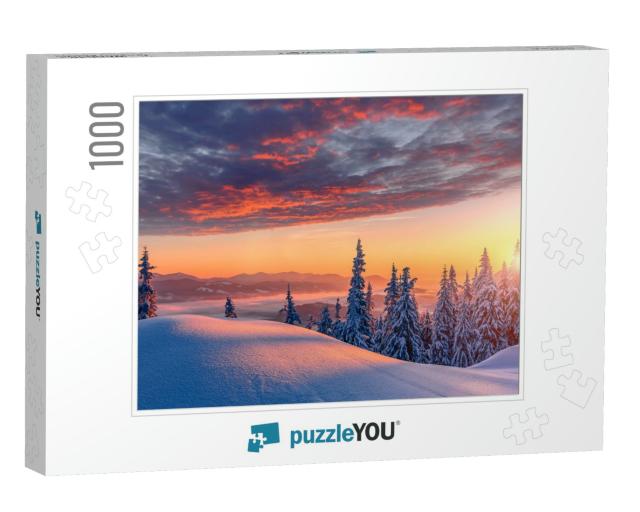 Fantastic Winter Landscape During Sunset. Colorful Sky Gl... Jigsaw Puzzle with 1000 pieces