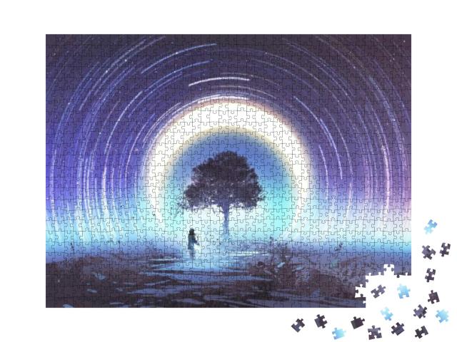 Young Woman Playing Guitar for the Magic Tree Against Sta... Jigsaw Puzzle with 1000 pieces