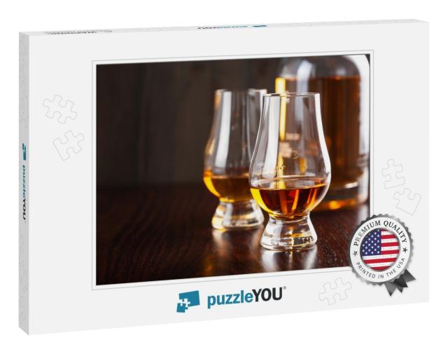 Bottle & Glass of Whisky Spirit Brandy on Dark Brown Back... Jigsaw Puzzle