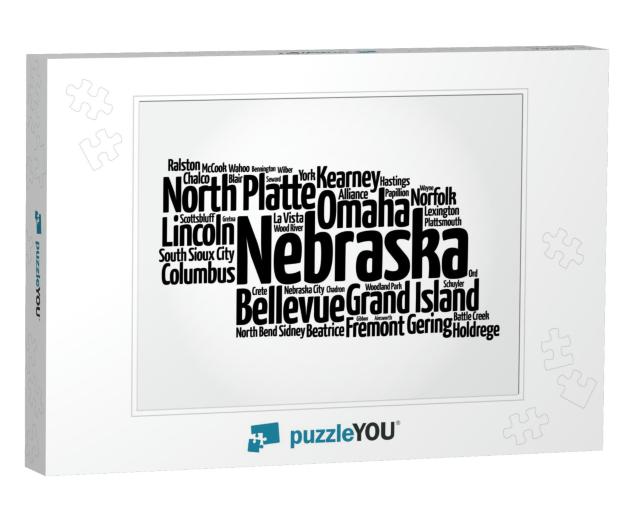List of Cities in Nebraska USA State, Map Silhouette Word... Jigsaw Puzzle