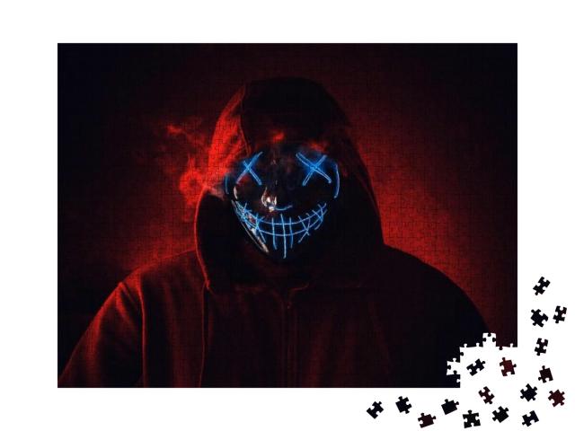 Man in Angry & Scary Lighting Neon Glow Mask in Hood on D... Jigsaw Puzzle with 1000 pieces