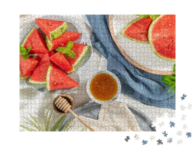 Composition of Ripe Watermelon & Fresh Mint on the Kitche... Jigsaw Puzzle with 1000 pieces
