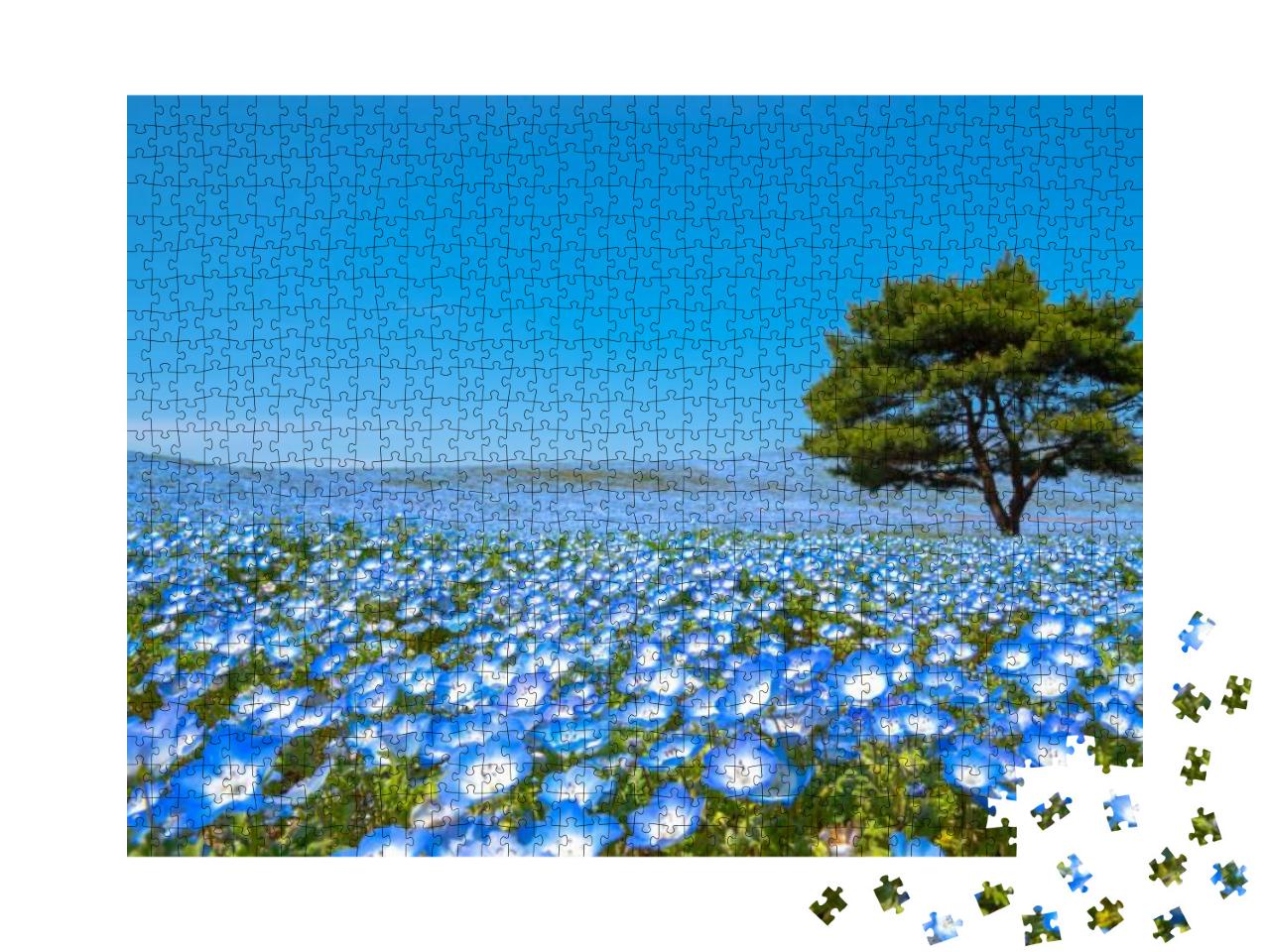 Mountain, Tree & Nemophila Baby Blue Eyes Flowers Field... Jigsaw Puzzle with 1000 pieces