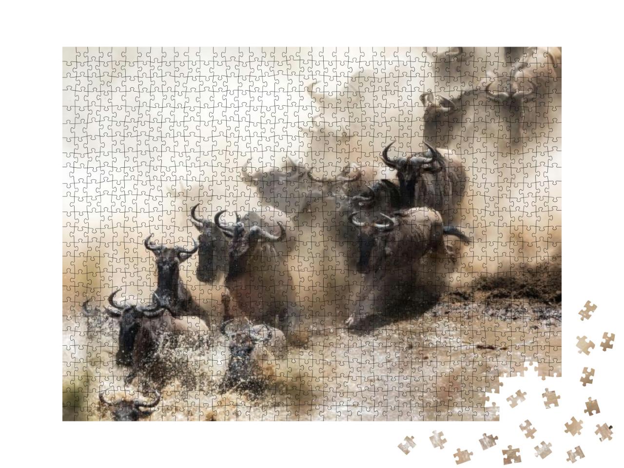 Wildebeest Crossing the Mara River During the Annual Grea... Jigsaw Puzzle with 1000 pieces