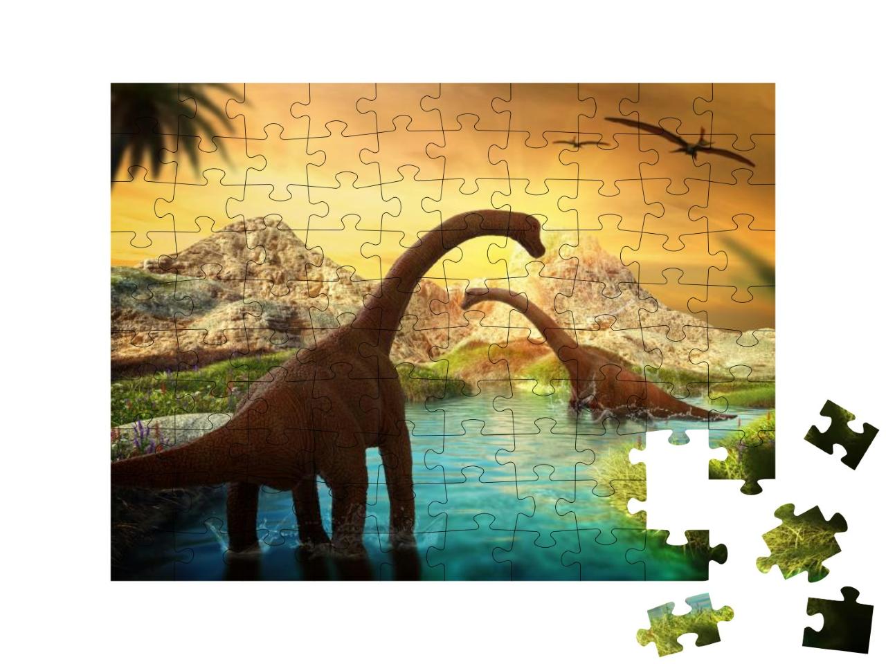 3D Fantasy Landscape with Dinosaur, 3D Rendered Landscape... Jigsaw Puzzle with 100 pieces