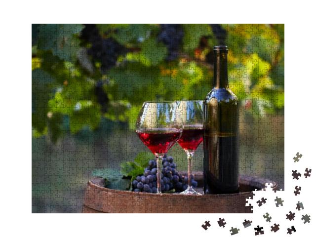 Two Glasses of Red Wine & Bottle in the Vineyard... Jigsaw Puzzle with 1000 pieces