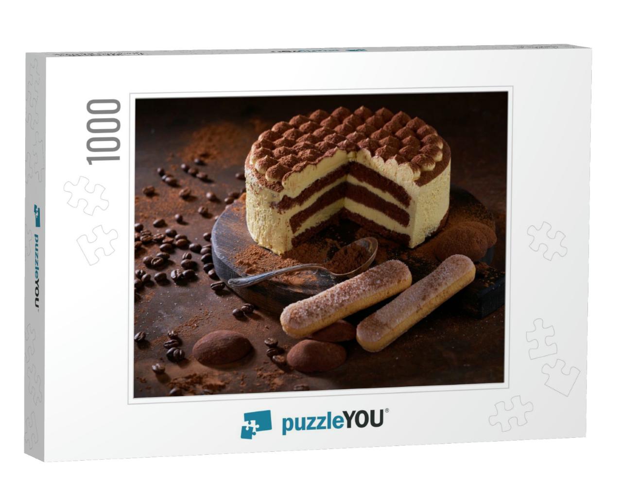Tiramisu Cake on a Dark Slate, Stone or Metal Background... Jigsaw Puzzle with 1000 pieces
