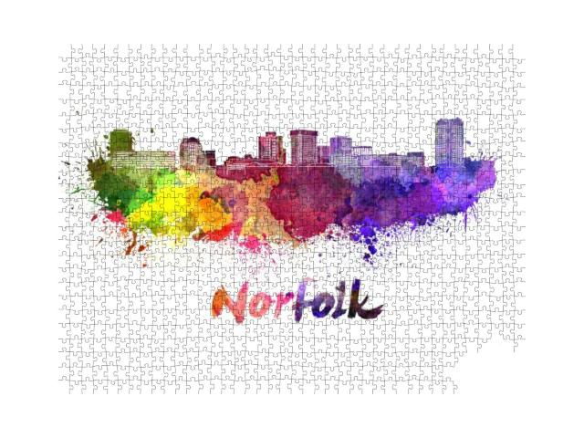 Norfolk Skyline in Watercolor Splatters with Clipping Pat... Jigsaw Puzzle with 1000 pieces