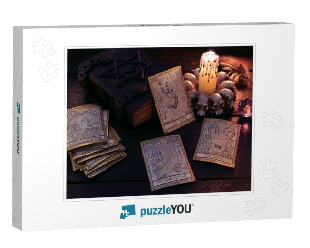 The Tarot Cards with Crystal, Candle & Book. Hal... Jigsaw Puzzle