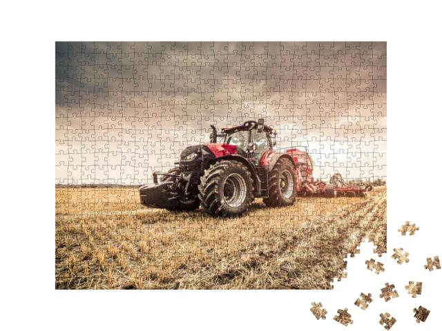 Modern Red Tractor Seeding Directly Into the Stubble with... Jigsaw Puzzle with 500 pieces