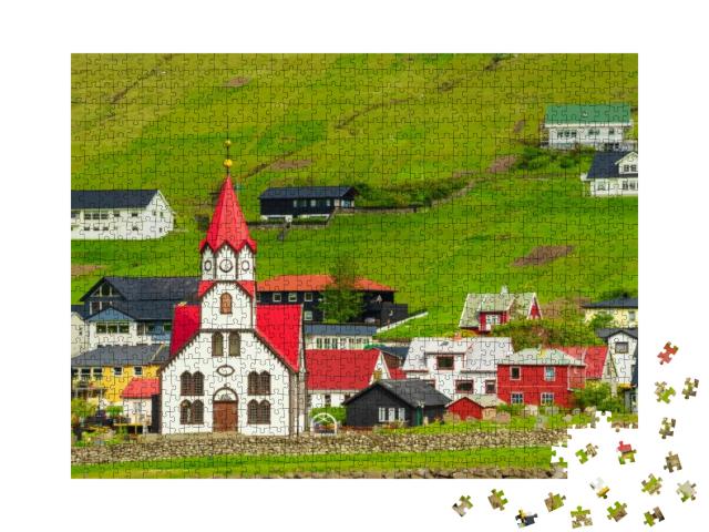 Lutheran Church with Red Roof in Sandavagur Village, Loca... Jigsaw Puzzle with 1000 pieces