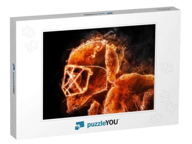 Hockey Player. Fire Style on Black Background. 2d Graphic... Jigsaw Puzzle