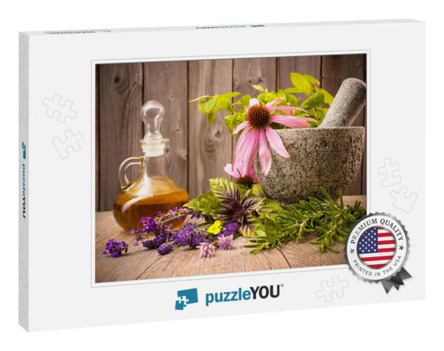 Healing Herbs with Mortar & Bottle of Essential Oil on Wo... Jigsaw Puzzle