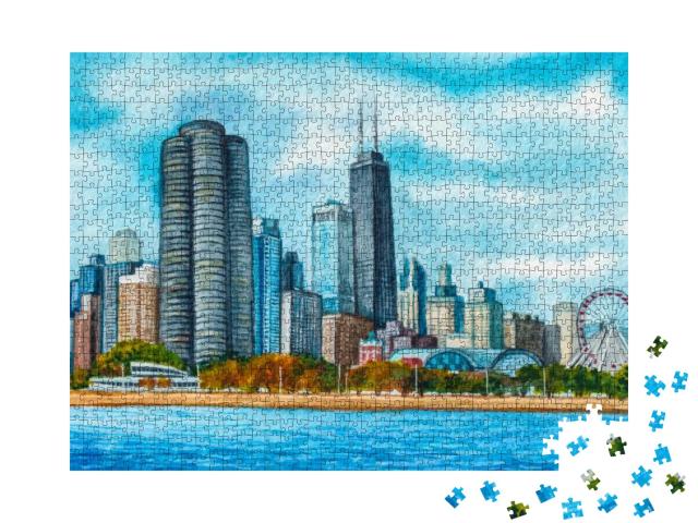 Chicago Illinois. City Downtown with Skyline or Skyscrape... Jigsaw Puzzle with 1000 pieces