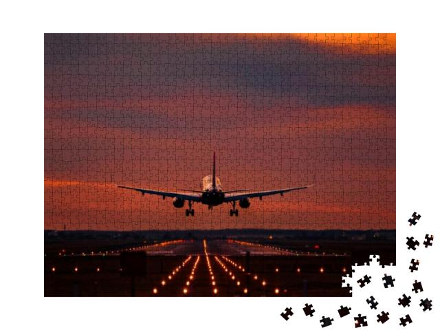 Airplane Landing At Sunset on Otopeni Airport... Jigsaw Puzzle with 1000 pieces