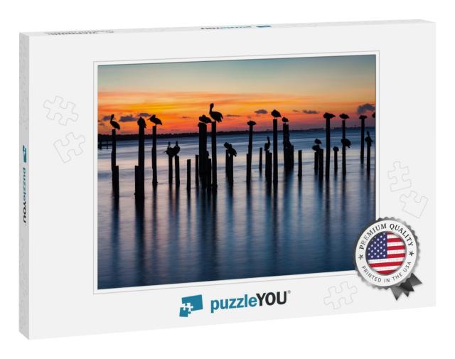Sunset Silhouettes of Pelicans on Old Pier Pilings in Des... Jigsaw Puzzle