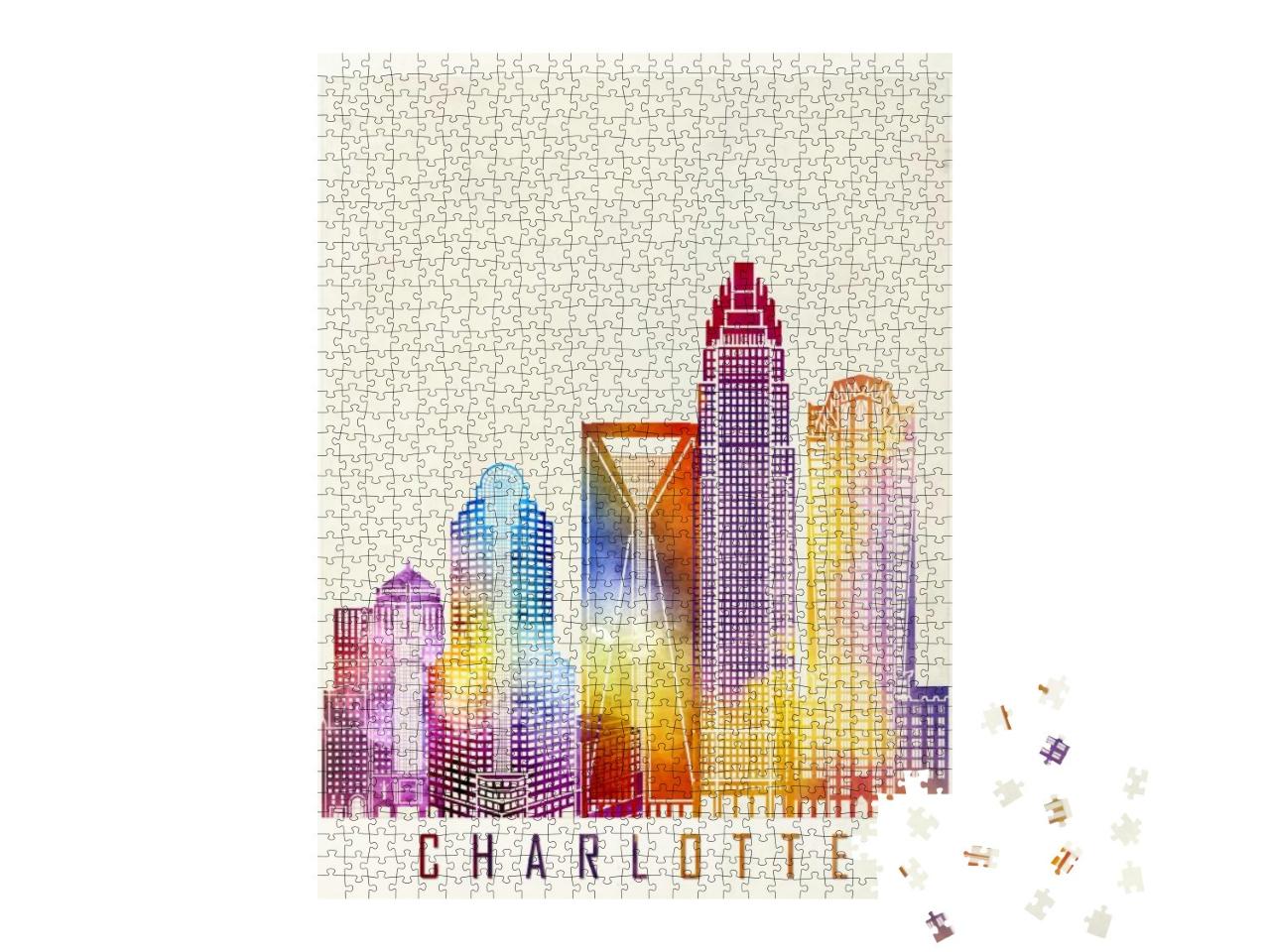 Charlotte Landmarks Watercolor Poster... Jigsaw Puzzle with 1000 pieces