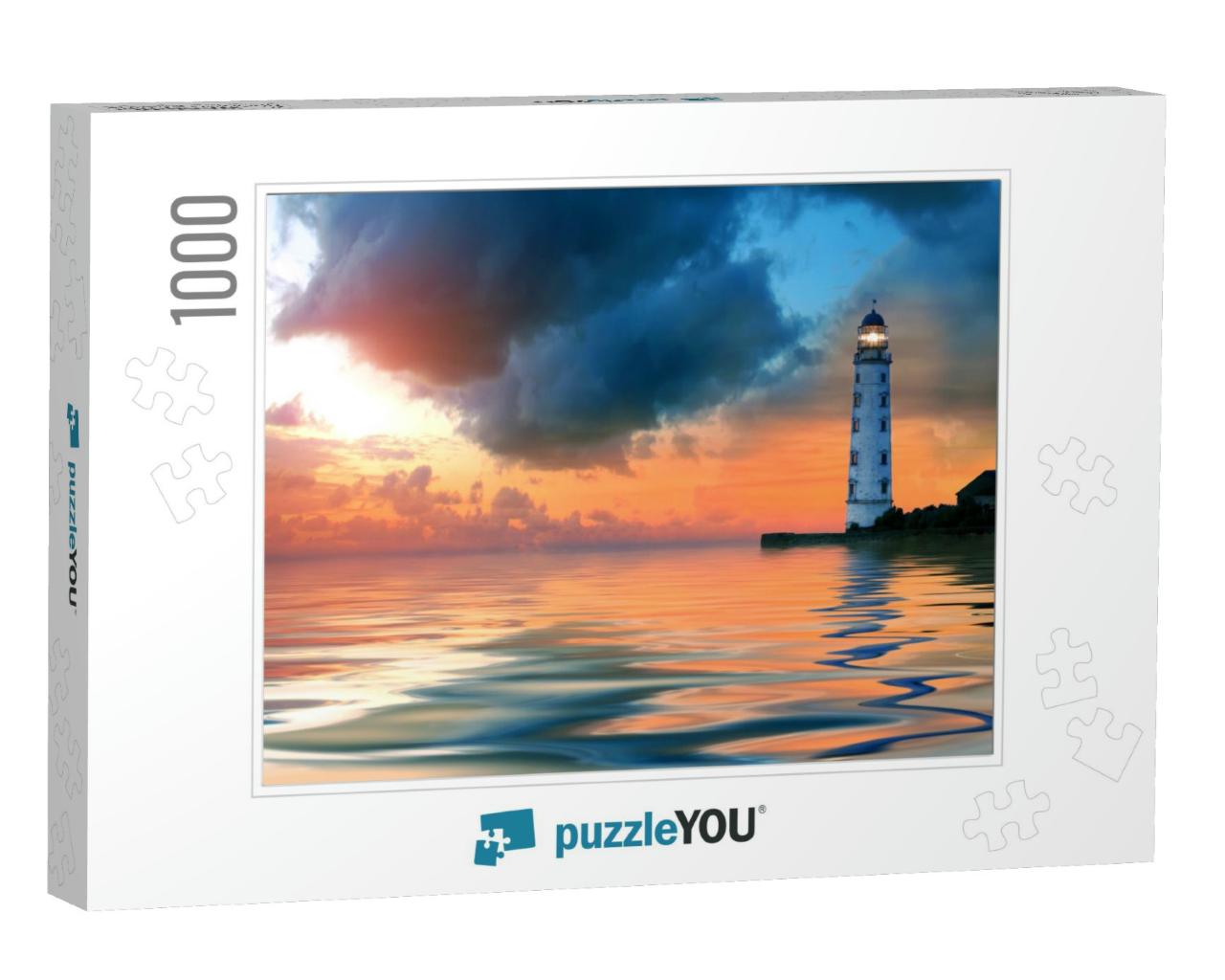 Beautiful Nightly Seascape with Lighthouse & Moody Sky At... Jigsaw Puzzle with 1000 pieces