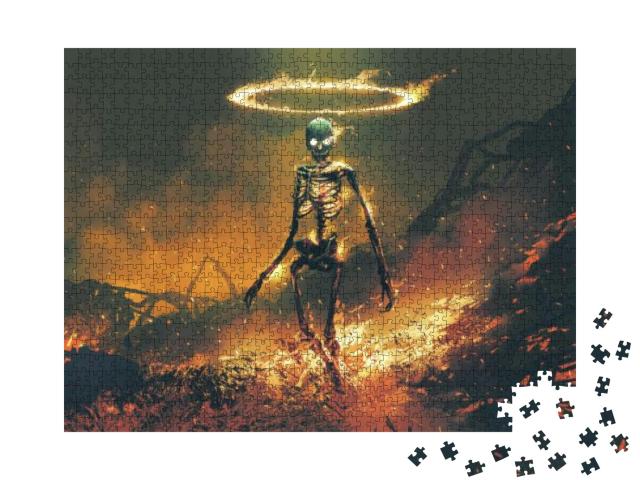 Horror Character of Demon Skeleton with Fire Flames in He... Jigsaw Puzzle with 1000 pieces