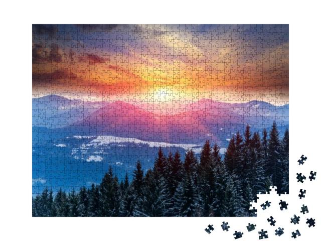 Winter Scene with Sunset in Mountains... Jigsaw Puzzle with 1000 pieces