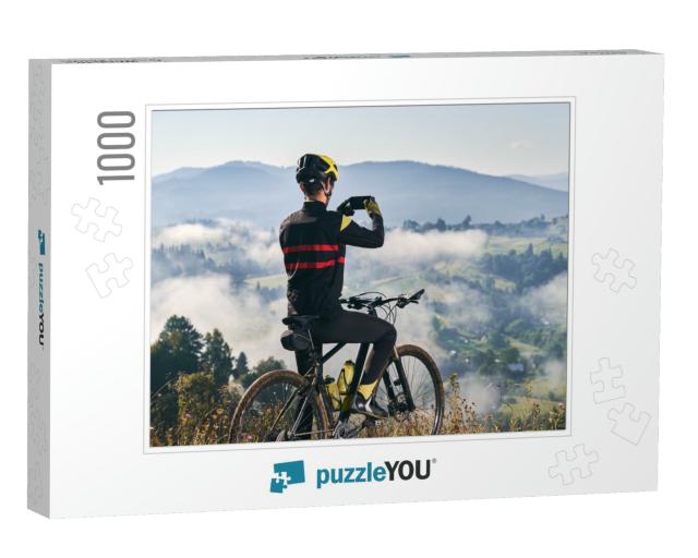 Back View of Man Sitting on Bicycle & Talking Mountain Ph... Jigsaw Puzzle with 1000 pieces