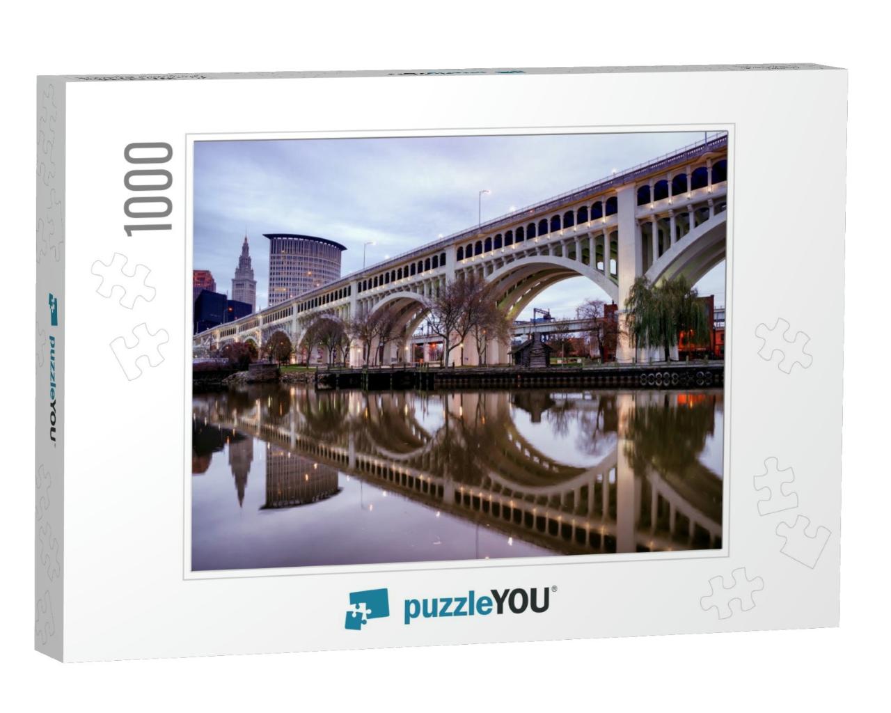 Detroit Superior Bridge Over Cuyahoga River & Downtown Sk... Jigsaw Puzzle with 1000 pieces