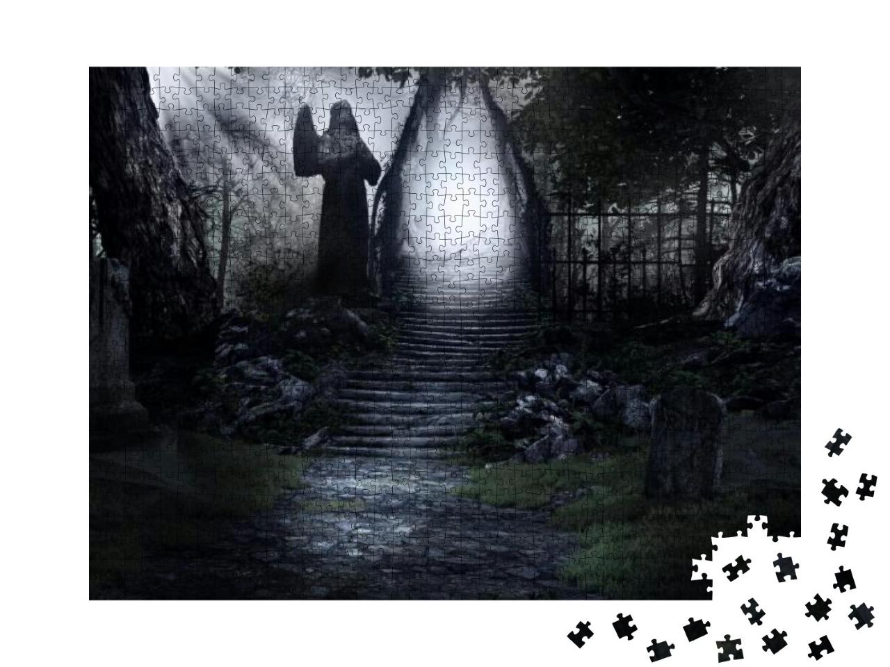 Gothic Scenery with Old Statue, Tombstones & Stairs. 3D I... Jigsaw Puzzle with 1000 pieces