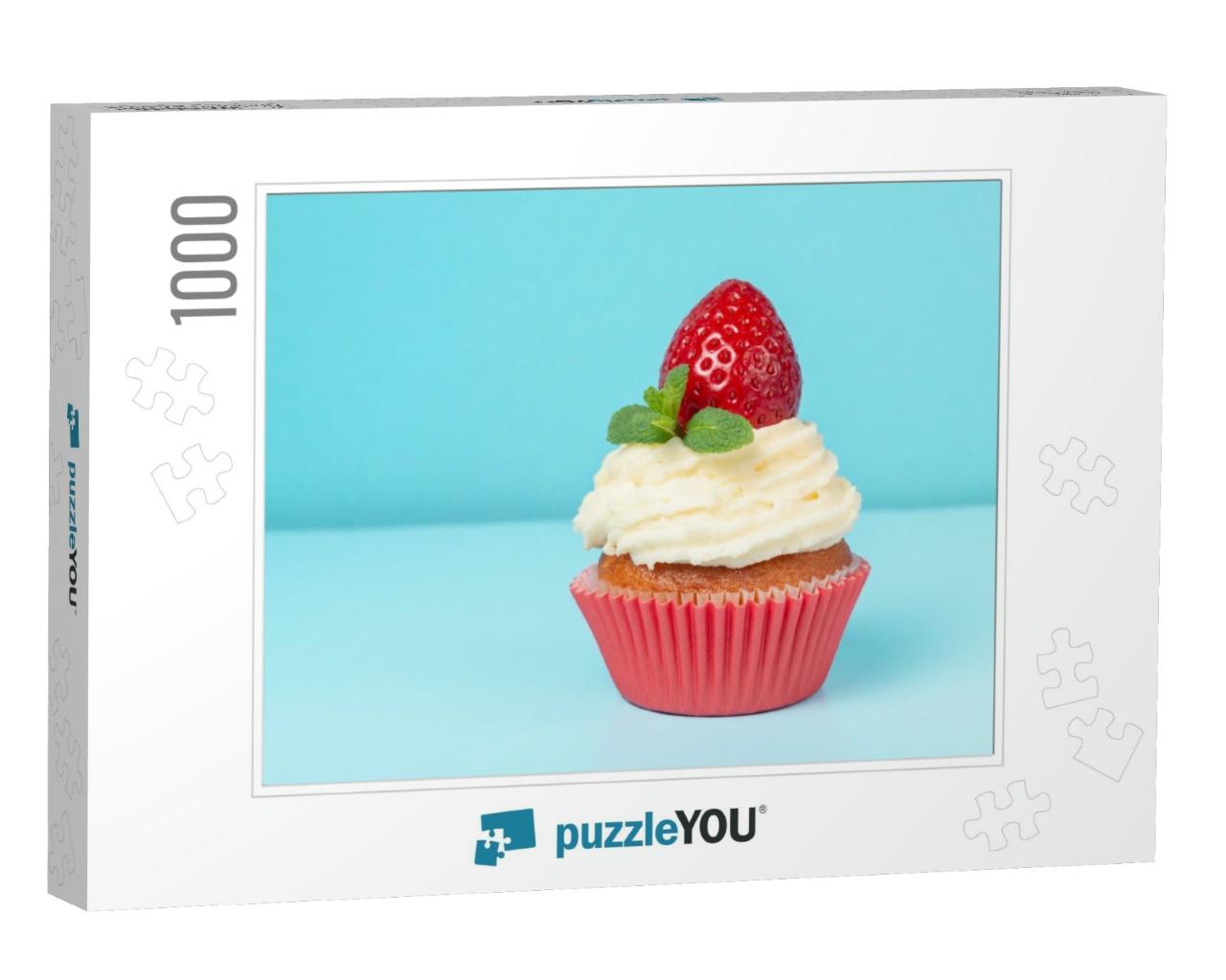 Cupcake with Whipped Cream Decorated Strawberry & Mint on... Jigsaw Puzzle with 1000 pieces