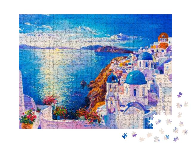 Original Oil Painting on Canvas. Blue Sea & White Houses... Jigsaw Puzzle with 1000 pieces