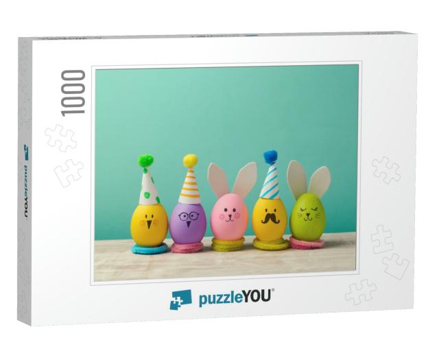 Easter Holiday Concept with Cute Handmade Eggs, Bunny, Ch... Jigsaw Puzzle with 1000 pieces