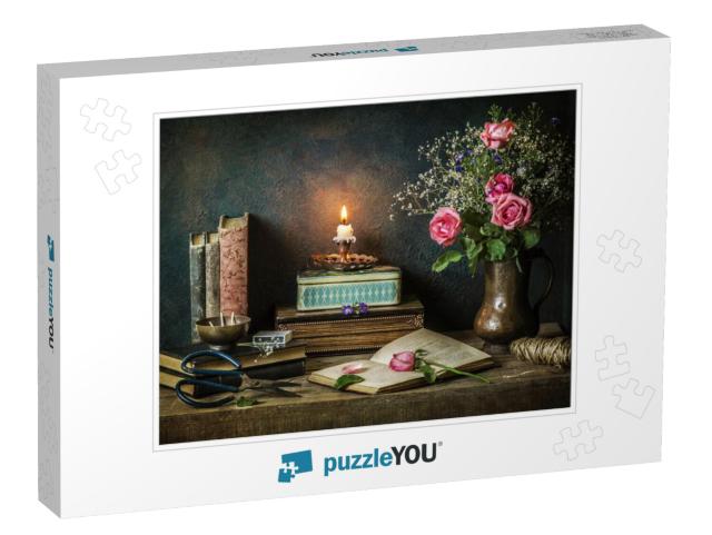 Classic Still Life with Vintage Books Placed with Beautif... Jigsaw Puzzle