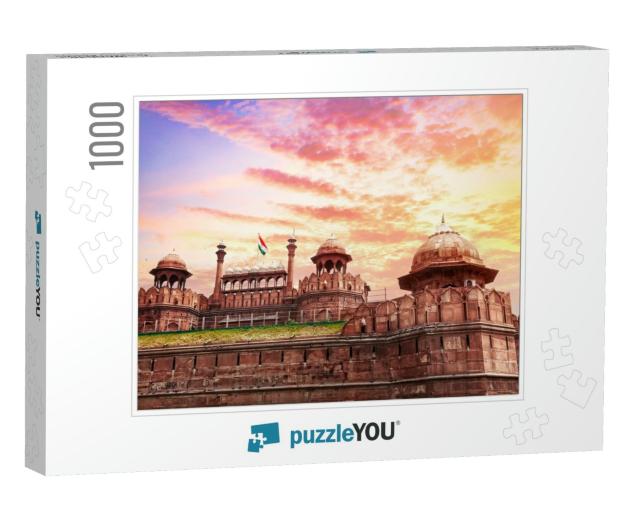 Lahore Gate of Red Fort with Indian National Flag in Old... Jigsaw Puzzle with 1000 pieces