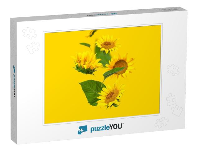 Flying Yellow Sunflowers, Green Leaves on Yellow Backgrou... Jigsaw Puzzle