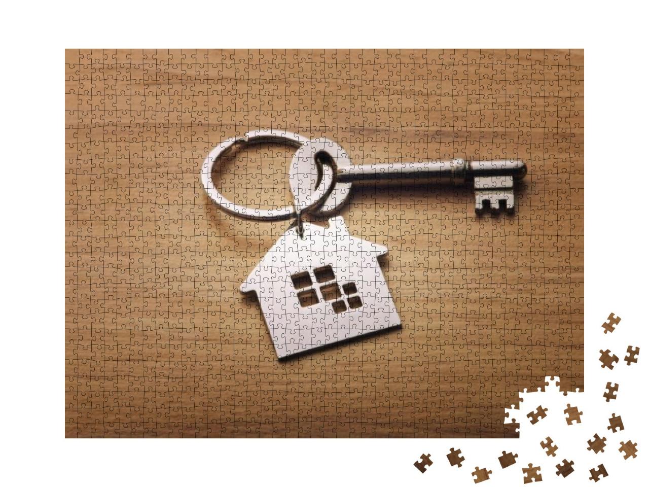 Home Shape Keychain on Wooden Background... Jigsaw Puzzle with 1000 pieces