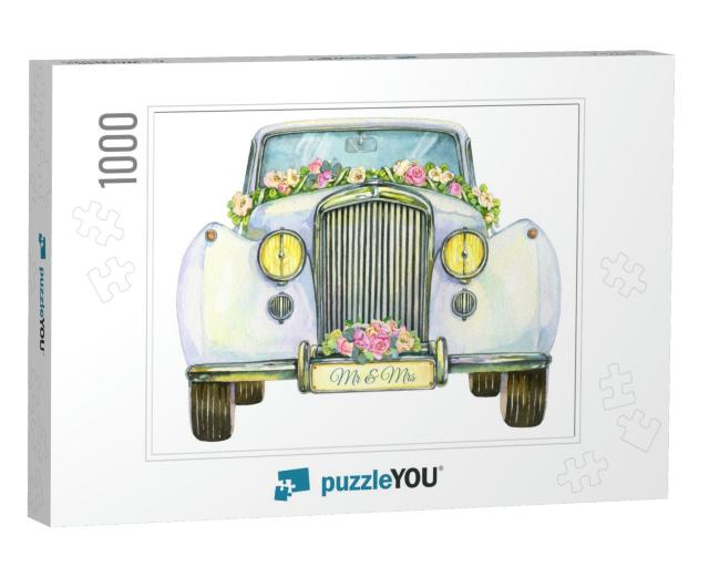 Wedding Vintage White Car, Front View. Watercolor... Jigsaw Puzzle with 1000 pieces