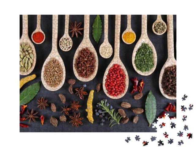 Aromatic Spices on Wooden Spoons on a Dark Background. To... Jigsaw Puzzle with 1000 pieces