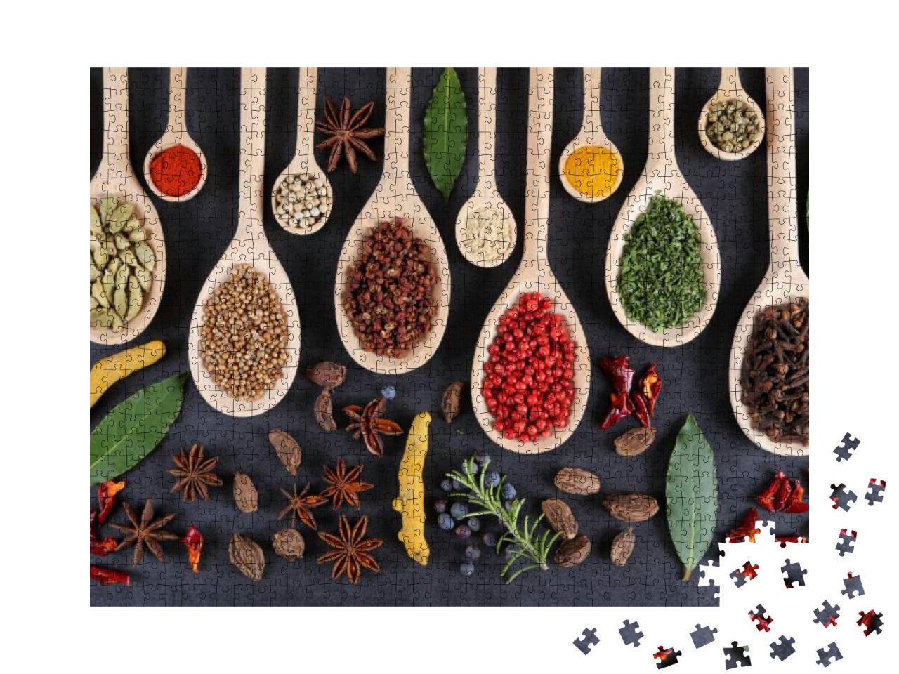 Aromatic Spices on Wooden Spoons on a Dark Background. To... Jigsaw Puzzle with 1000 pieces