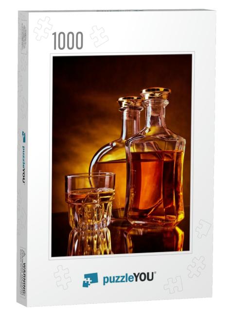 Glass & a Bottle of Whisky Against Red & Yellow Backgroun... Jigsaw Puzzle with 1000 pieces