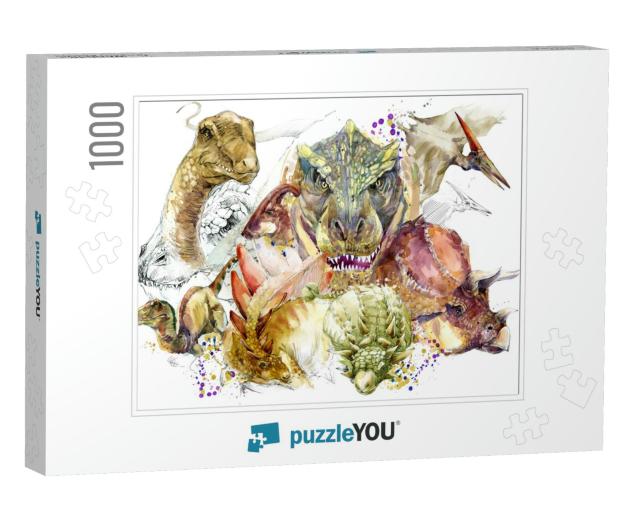 Dinosaur Watercolor Illustration Set. Tropical Exotic For... Jigsaw Puzzle with 1000 pieces
