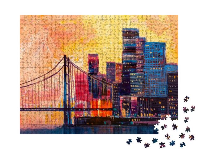 Abstract Oil Painting, Panorama of the City with a Bridge... Jigsaw Puzzle with 1000 pieces