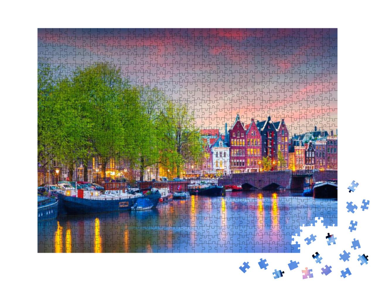 Colorful Spring Sunset on the Canals of Amsterdam. Authen... Jigsaw Puzzle with 1000 pieces