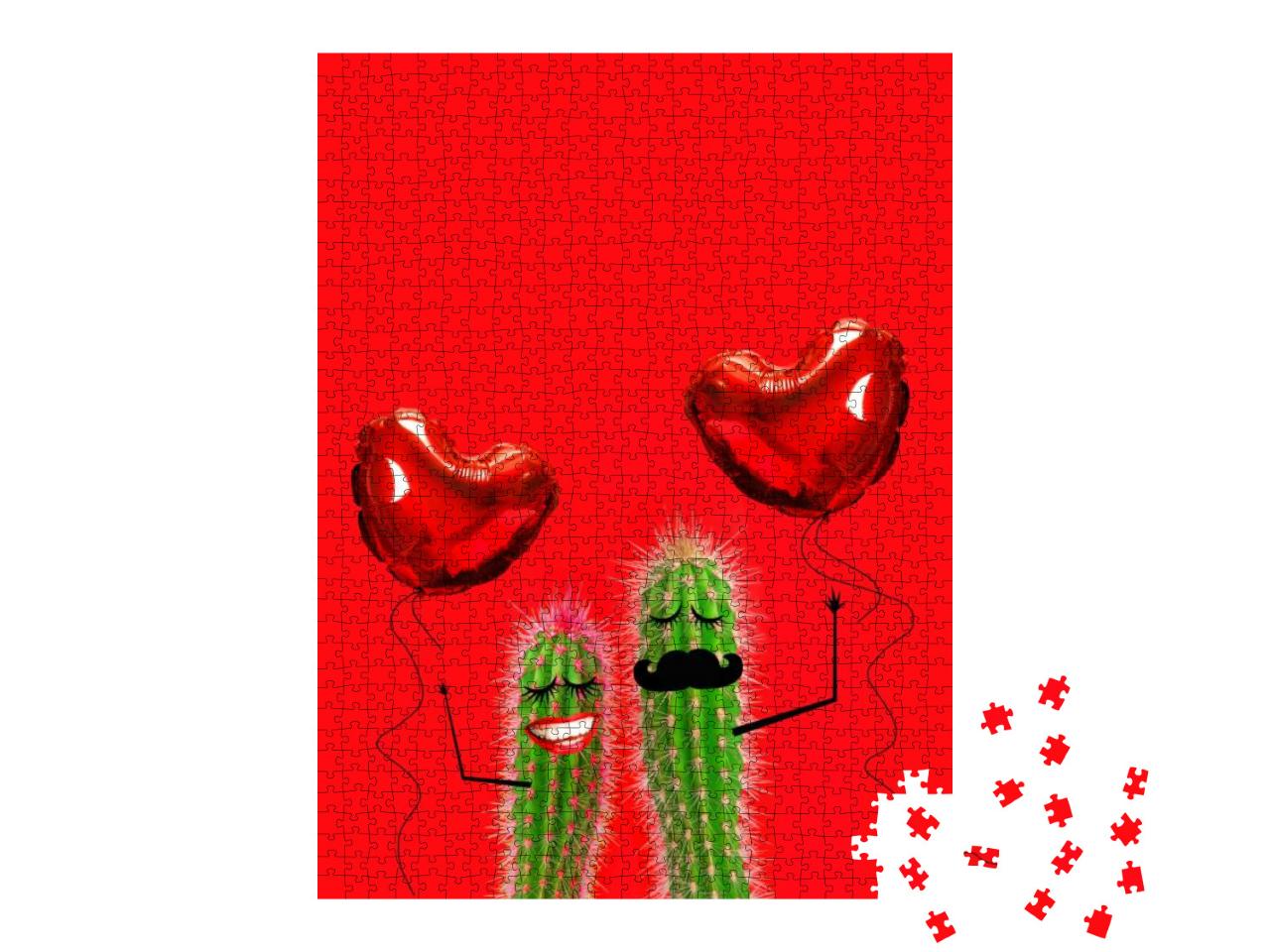 Valentines Day. Cactus Couple with Heart Balloons in Love... Jigsaw Puzzle with 1000 pieces
