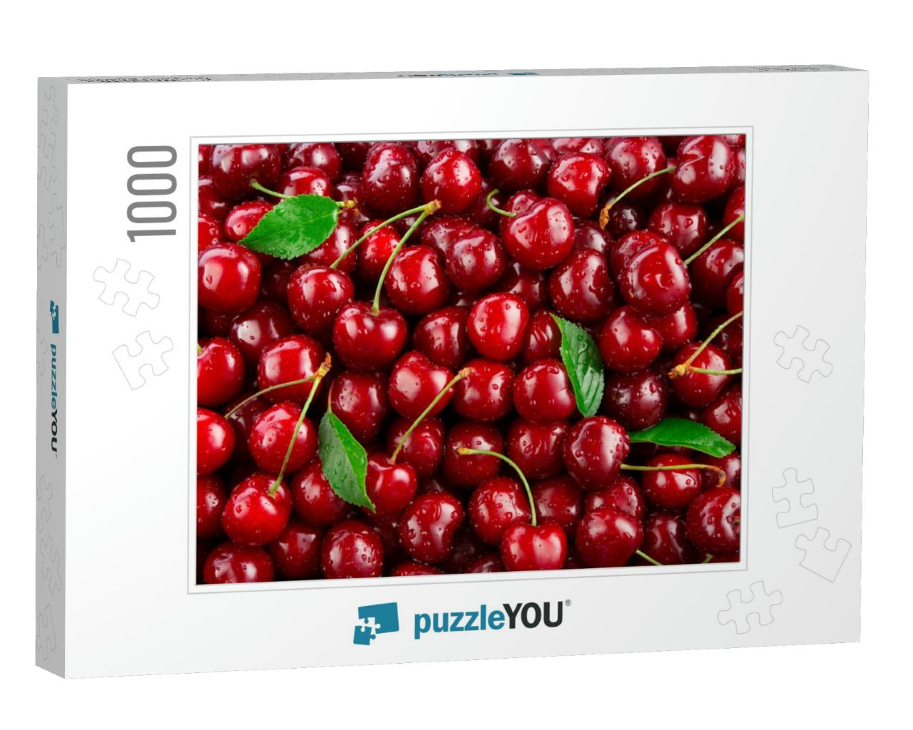 Cherry. Fresh Organic Berries with Leaves Macro. Fruit Ba... Jigsaw Puzzle with 1000 pieces